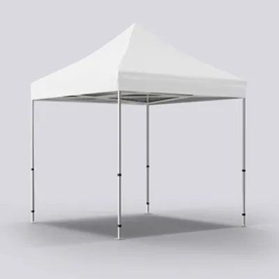 None A white pop-up canopy tent with a plain top and metal frame stands stationary, isolated against a light grey background.