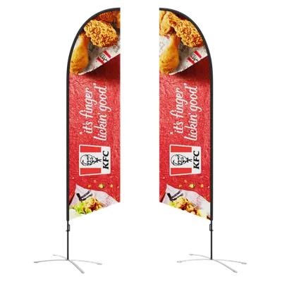 Two vertical teardrop banners with KFC advertising, reading 'it's finger lickin' good,' displayed on metal stands against a white background.