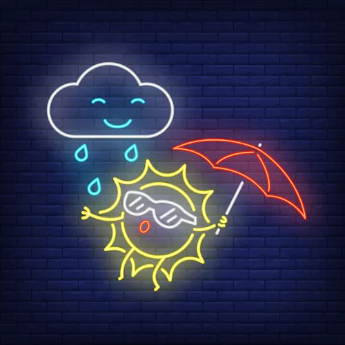 Cartoon Sun With Umbrella Rain Neon Sign - Custom Promo Now - UK