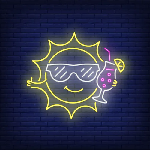 Cartoon Sun Drinking Cocktail Neon Sign - Custom Promo Now - UK