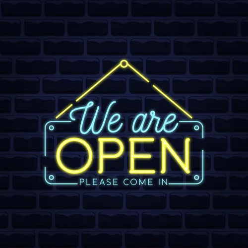 We Are Open Blue and Yellow Neon Sign - Custom Promo Now - UK