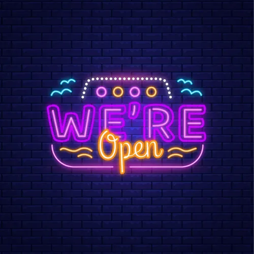 We're Open with Wave Lines Neon Sign - Custom Promo Now - UK