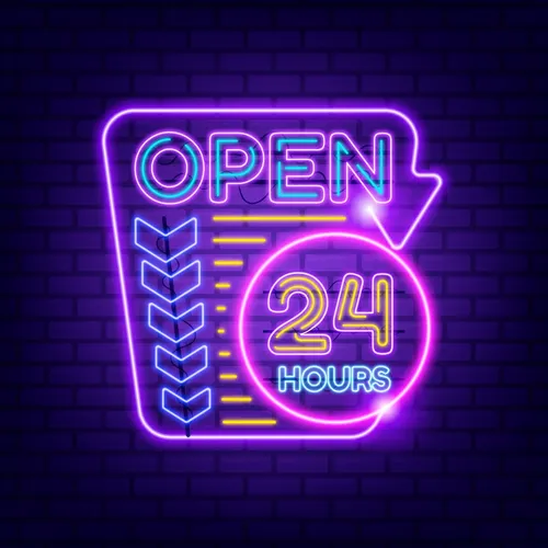 Retro Open 24 Hours Neon Sign - Custom Promo Now - UK