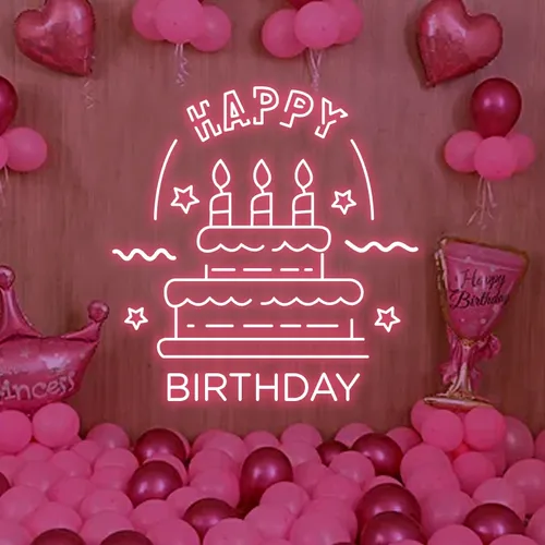 Big Happy Birthday Text with Cake Neon Sign - Custom Promo Now - UK