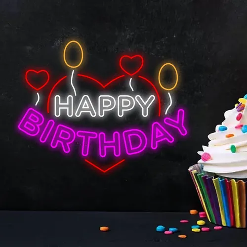 Happy Birthday Heart and Balloon Neon Sign - Custom Promo Now - UK