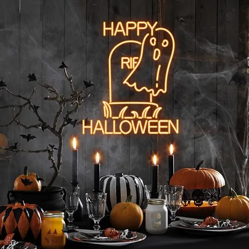 Happy Halloween Ghost Neon Sign - Custom Promo Now - UK
