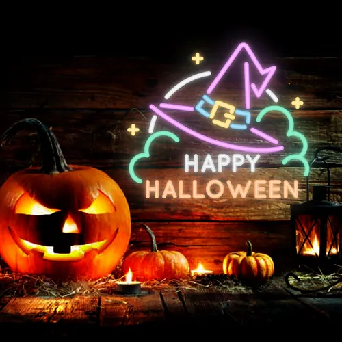 Happy Halloween Hat Neon Sign - Custom Promo Now - UK
