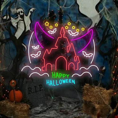Happy Halloween Castle Neon Sign - Custom Promo Now - UK