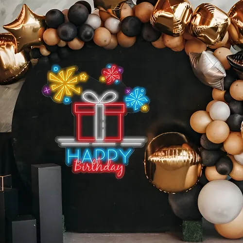 Happy Birthday with a Gift Box Neon Sign - Custom Promo Now - UK