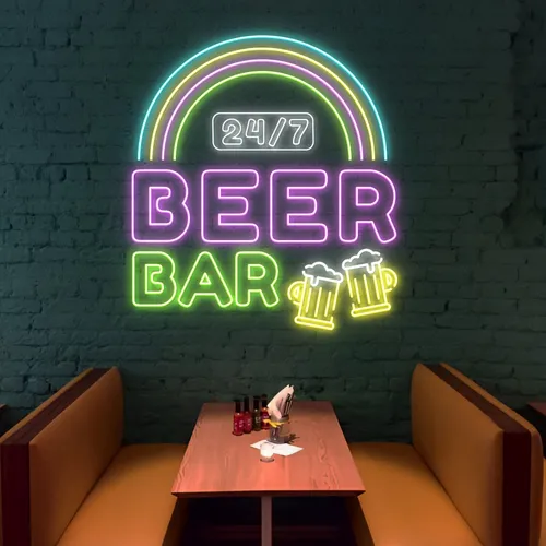 24/7 Rainbow Beer Bar Neon Sign - Custom Promo Now - UK