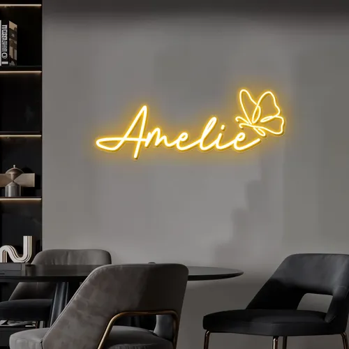 Amelie with Butterfly Neon Sign - Custom Promo Now - UK